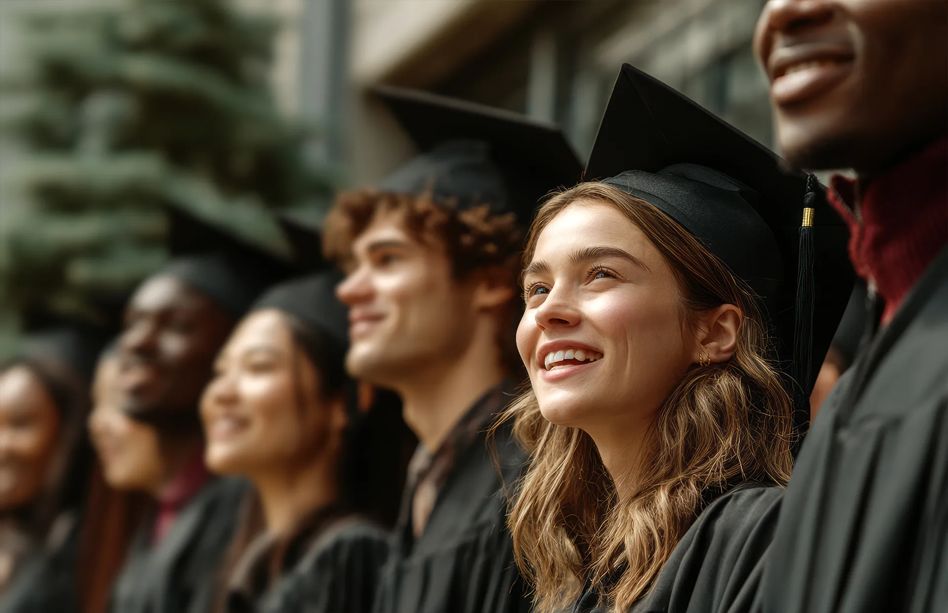 Diverse college graduates in caps and gowns smiling